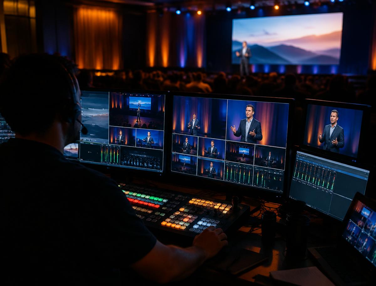 Livestream podujatia — režijný pult s kamerovými monitormi — HM Sound